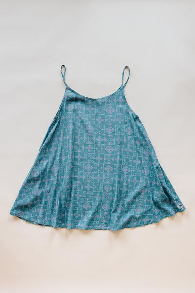 Wings Hawaii trapeze mini dress in ulu and plumeria print in blue surf