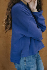 wings hawaii boxy long sleeve top in blue waffle knit  thumbnail