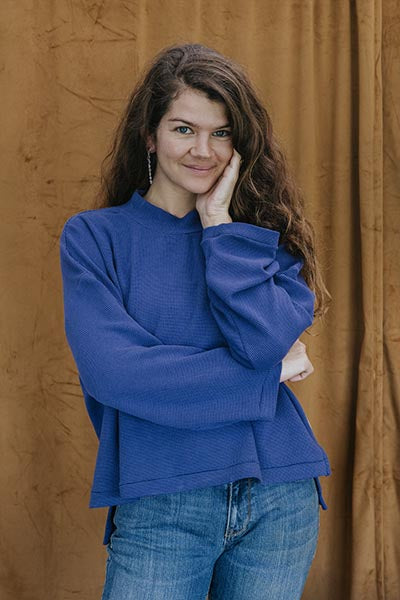 wings hawaii boxy long sleeve top in blue waffle knit 