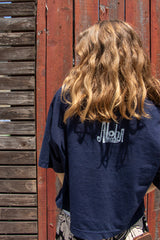 Wings Hawaii whale dance wide cropped tee in blue. Original humpback whale artwork designed and hand-printed in Maui.  thumbnail