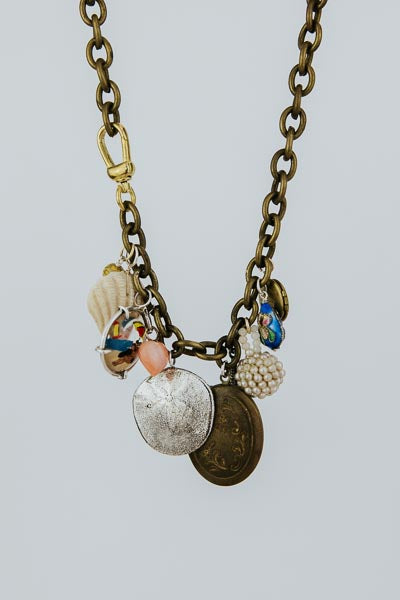  Wings Hawaii brass chain charm necklace with sand dollar, starfish, and shell charms and locket