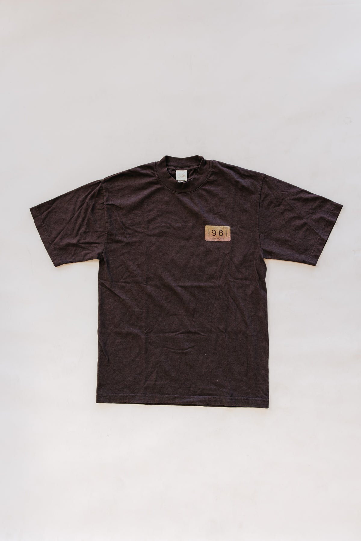 Wings Hawaii men's t-shirt in brown. 1981 design on front, vintage map of Hawaiian Islands on back. Original artwork designed in Maui. 