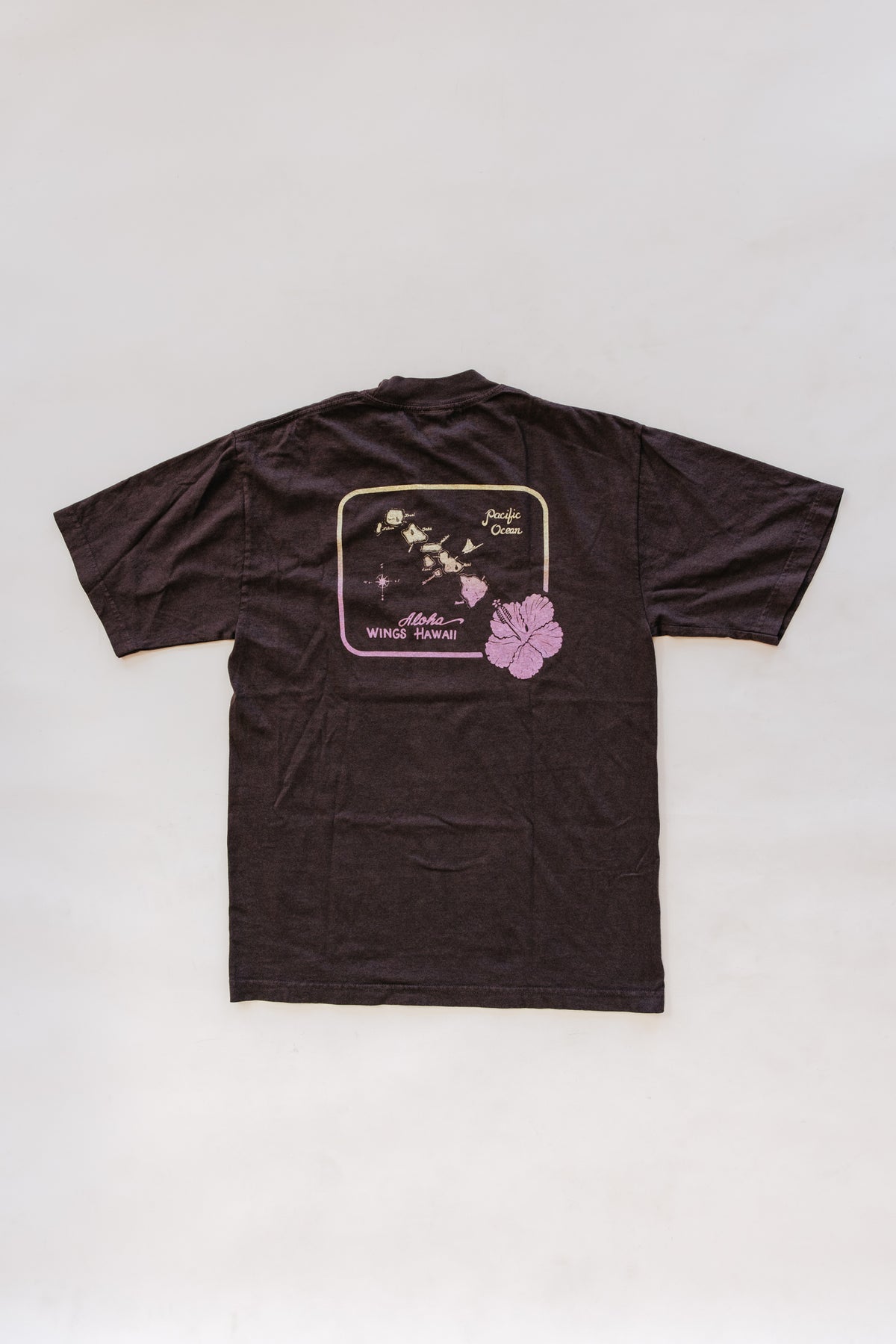 Wings Hawaii men's t-shirt in brown. 1981 design on front, vintage map of Hawaiian Islands on back. Original artwork designed in Maui. 