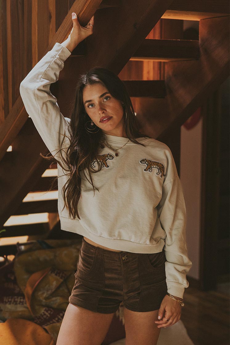 Cropped Mock Neck Tiger Sweatshirt - Cement