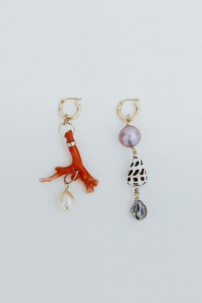 wings hawaii mix and match charms hoops with coral, shells, and pearls in solid 14k yellow gold earrings