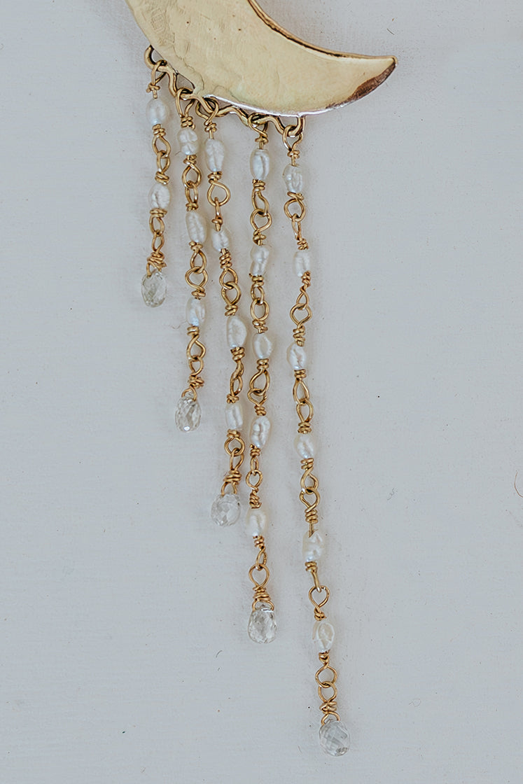 Wings Hawaii Diamonds in the Sky earrings 14K Yellow Gold Carved moon-shaped studs with diamonds and baroque pearls hanging from them