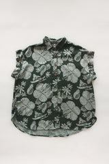 Wings Hawaii Short Sleeve Pocket Blouse in green Hana Forest aloha print with hibiscus flowers, pineapples and Hawaiian outrigger canoes. Modern women's aloha shirt. Original artwork designed in Maui, sewn in Bali. Small batch, sustainable apparel for beachy boho surfer style.  thumbnail