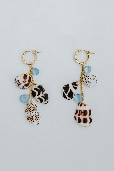 Charm Hoop Shell Pile Earrings | Hebrew + Flea Cone Shell Chip Mix + Aquamarine