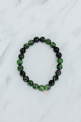Wings Hawaii emerald crystal stretchy bracelet with 14k gold-fill tag. Boho-chic jewelry handmade in Maui.  thumbnail
