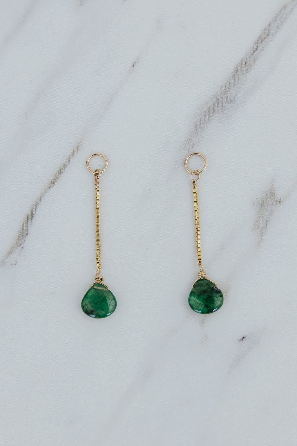 Wings Hawaii Emerald drop-chain earring charms in 14k gold-filled. Fine jewelry handcrafted in Maui. Add to charm hoop earrings, sold separately. 