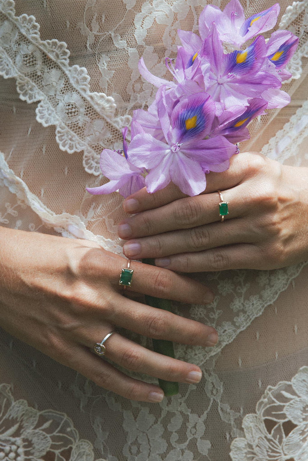 Wings Hawaii Astra ring with emerald in solid 14k yellow gold. Fine jewelry handmade in Maui. May birthstone, Taurus and Gemini gifts. 