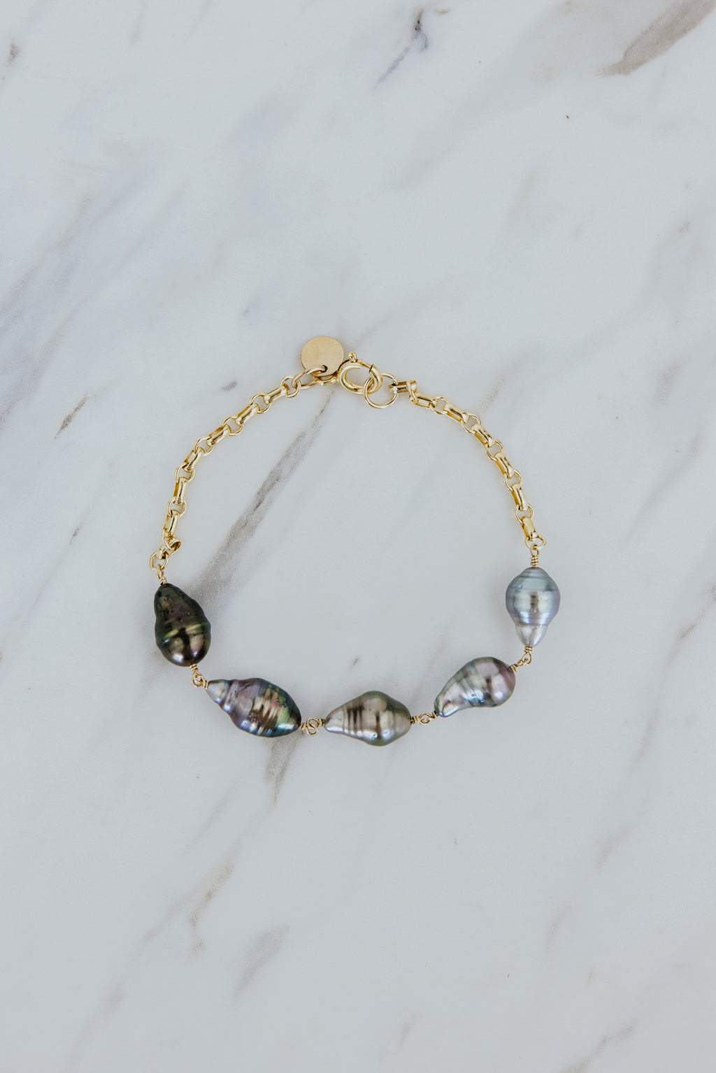 Wings Hawaii Tahitian Pearl Chain Bracelet in 14k gold filled. 5 Keshi Tahitian Pearls. Fine jewelry handmade in Maui. 