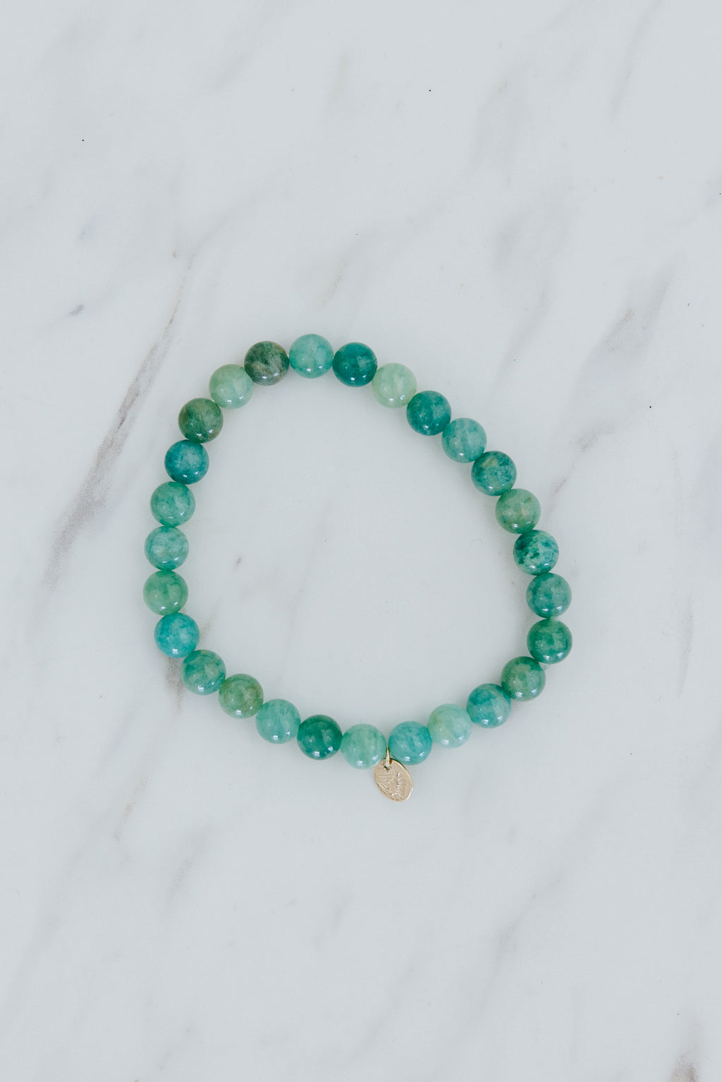 Wings Hawaii Amazonite stretchy bracelet with 14k gold-filled tag. Boho-chic jewelry hand made in Maui. 