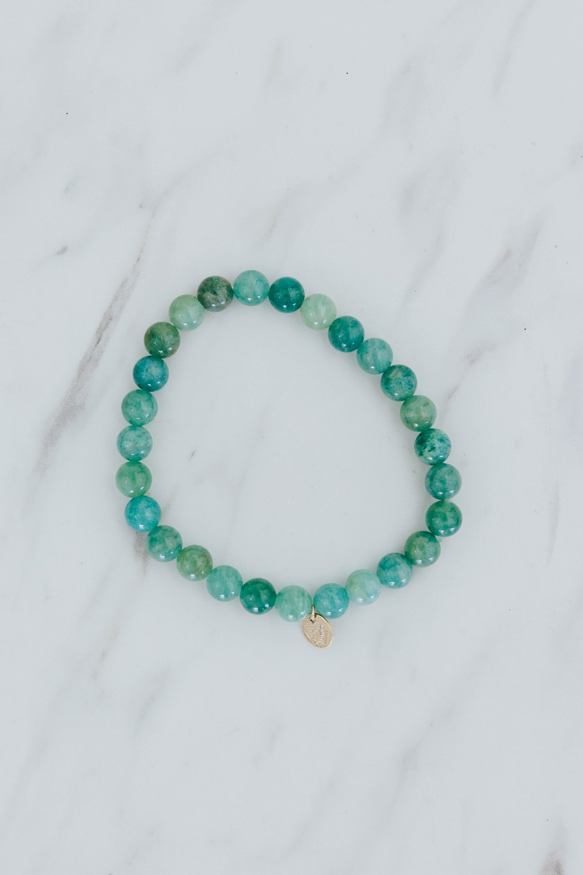 Wings Hawaii Amazonite stretchy bracelet with 14k gold-filled tag. Boho-chic jewelry hand made in Maui. 