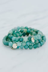 Wings Hawaii Amazonite stretchy bracelet with 14k gold-filled tag. Boho-chic jewelry hand made in Maui. 