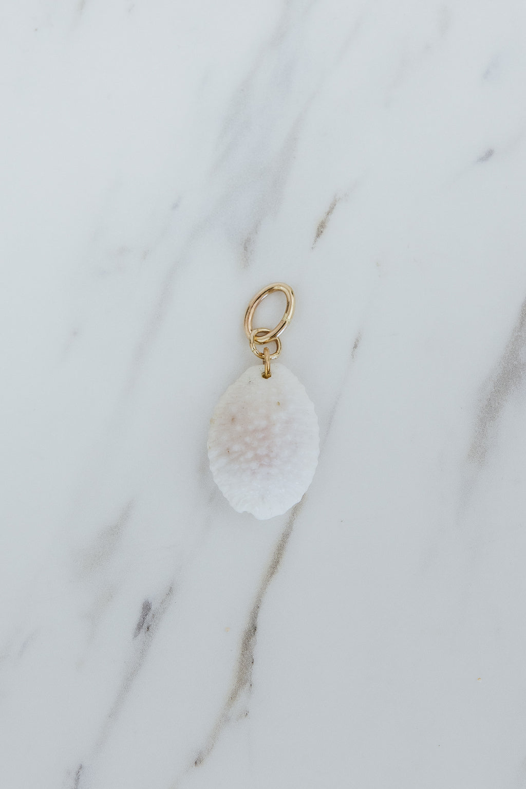Wings Hawaii Granulated Cowrie Shell necklace charms in 14k gold filled. Fine shell jewelry handcrafted in Maui. Modern beachy charm necklaces handmade with authentic Hawaiian sea shells. 