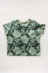 Wings Hawaii women's green Hana Forest aloha print t-shirt in hemp/organic cotton blend. Designed in Maui, made in Bali. Small batch, sustainable apparel for modern tropical lifestyle.  thumbnail
