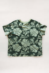 Wings Hawaii women's green Hana Forest aloha print t-shirt in hemp/organic cotton blend. Designed in Maui, made in Bali. Small batch, sustainable apparel for modern tropical lifestyle.  thumbnail