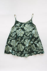 Wings Hawaii hemp trapeze mini dress in Hana Forest green aloha print. A-line, side pockets, scoop neck. Designed in Maui, sewn in Bali. Small batch, sustainable women's apparel from Hawaii.  thumbnail