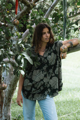 Wings Hawaii short sleeve blouse in Hana Forest dark green aloha print. Designed in Maui, sewn in Bali. Modern tropical aloha wear for island lifestyles. Sustainable, small batch, slow fashion.  thumbnail