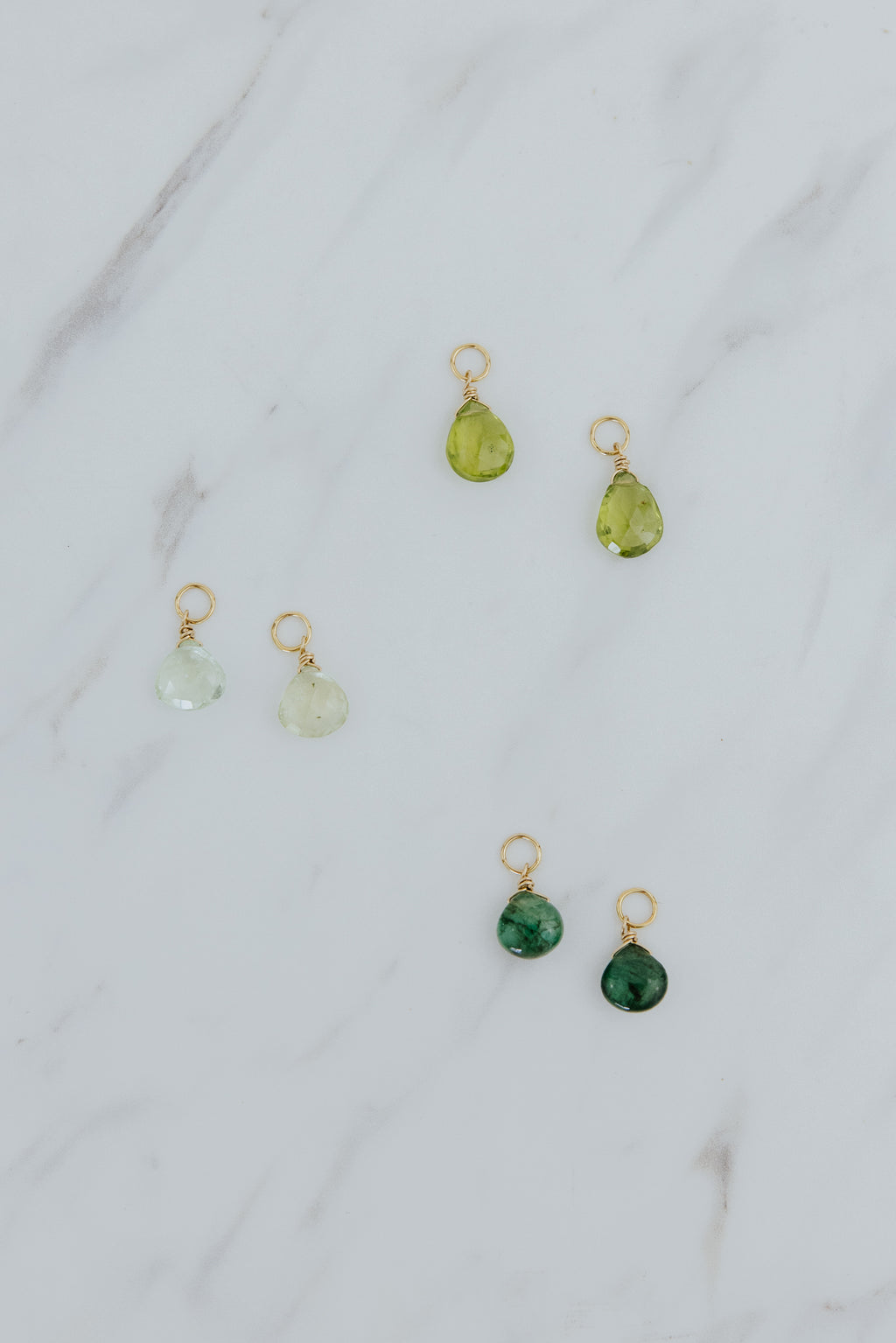 Wings Hawaii green tones earring charms in 14k gold-filled. Emerald, tourmaline, and peridot. Fine jewelry handcrafted in Maui. 