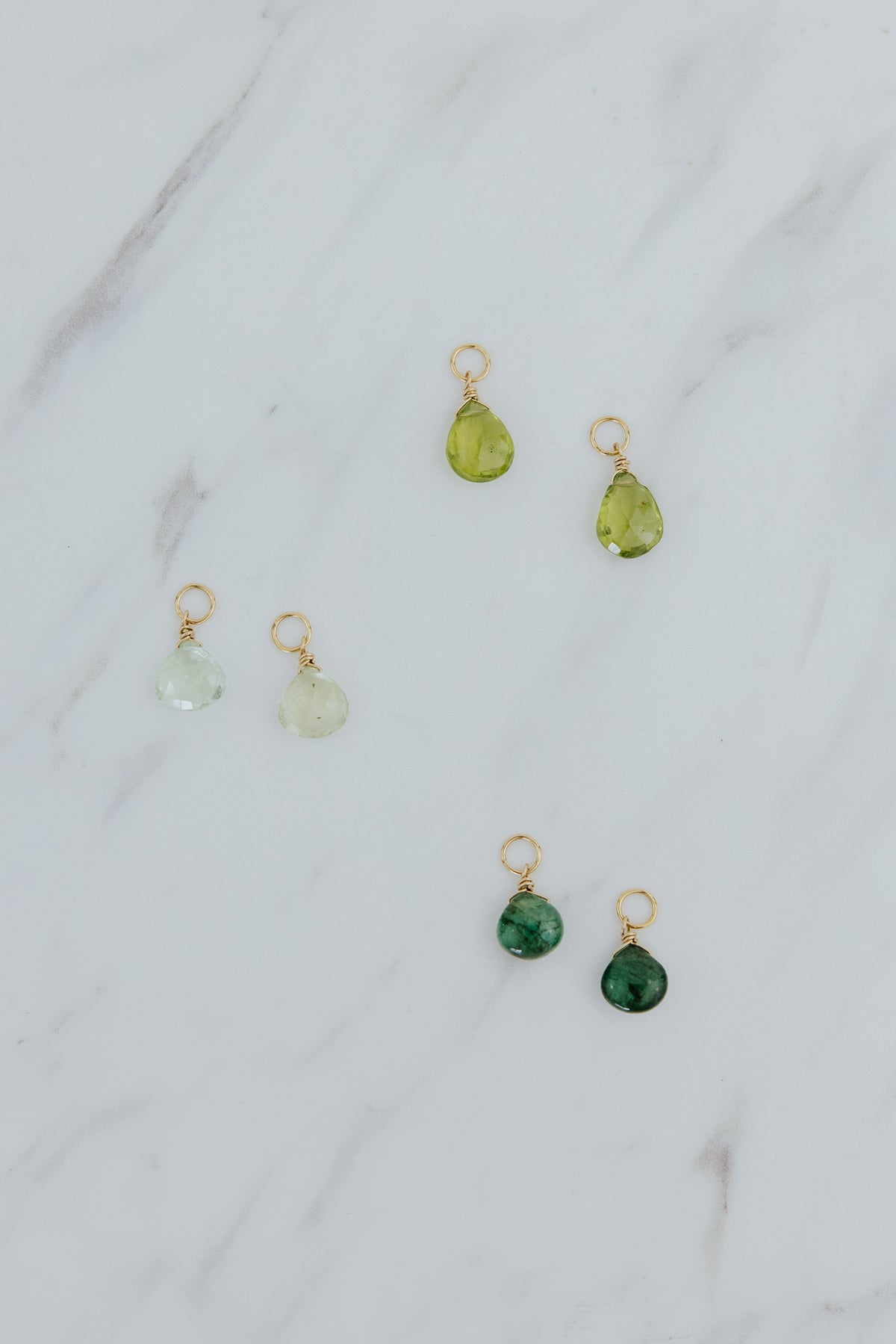 Wings Hawaii green tones earring charms in 14k gold-filled. Emerald, tourmaline, and peridot. Fine jewelry handcrafted in Maui. 