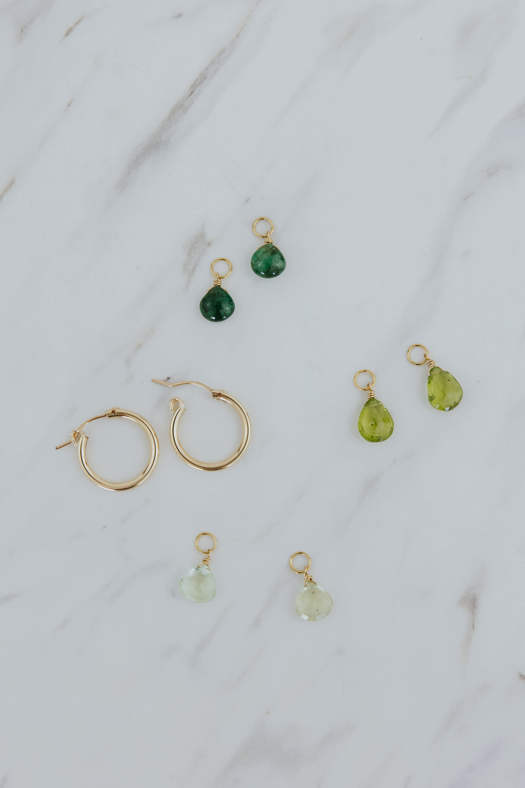 Wings Hawaii green tones earring charms in 14k gold-filled. Emerald, tourmaline, and peridot. Fine jewelry handcrafted in Maui. 