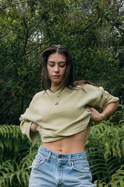 Boxy Waffle Mock Neck - Celery