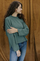 wings hawaii boxy long sleeve top in green waffle knit  thumbnail