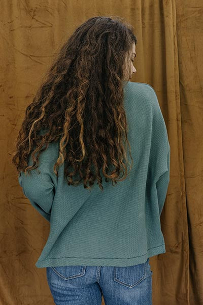 wings hawaii boxy long sleeve top in green waffle knit 