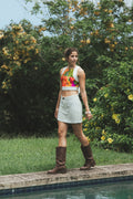 Wings Hawaii retro pocket mini skirt in Hana Pearl print. Neutral white/cream tropical aloha print skirt. Designed with aloha in Maui. 