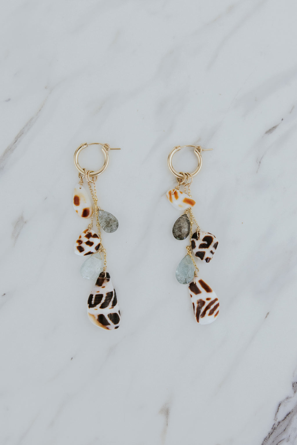 Shell Pile Charm Hoops | Hebrew Cone Shell + Aquamarine