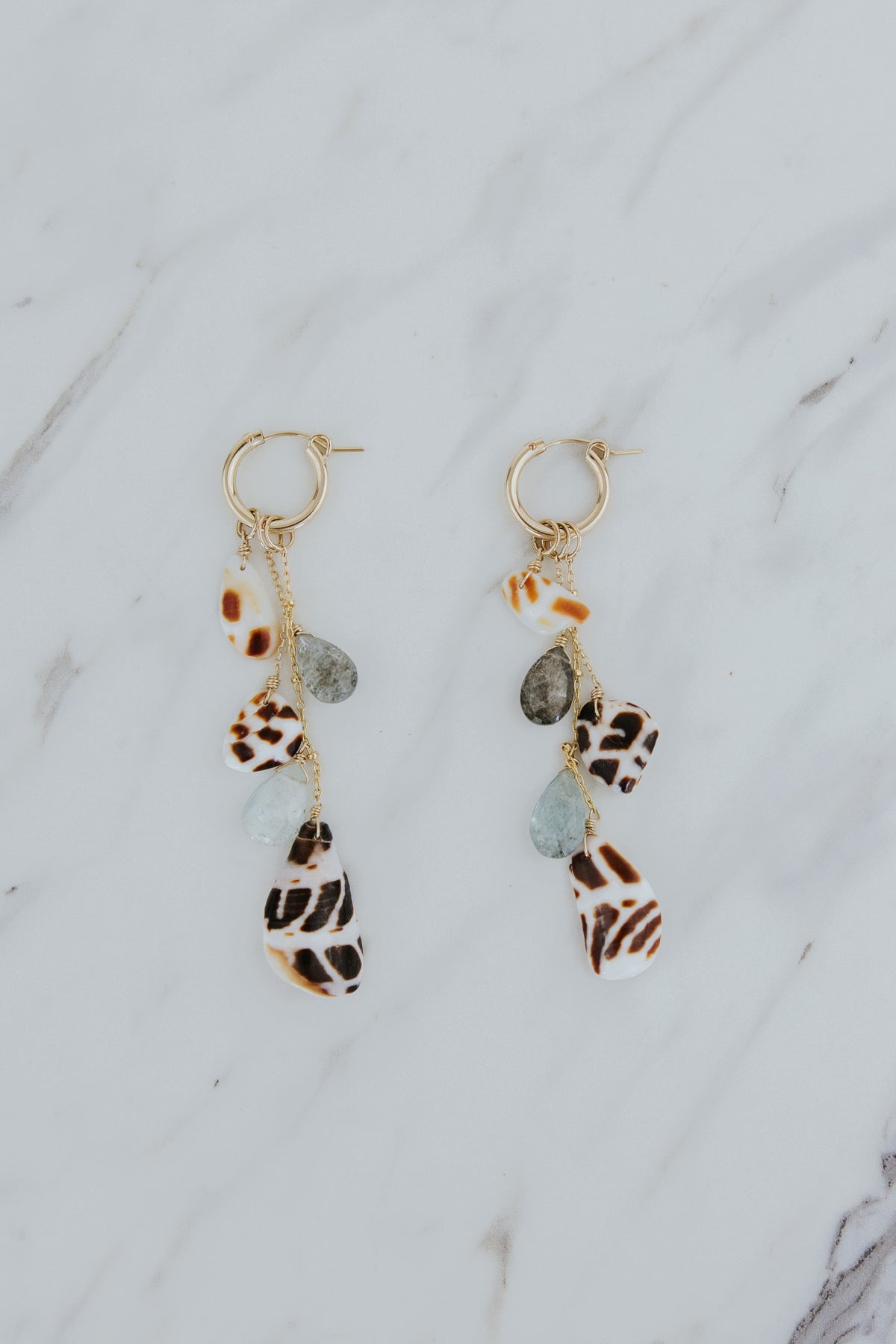 Shell Pile Charm Hoops - Hebrew Cone Shell + Aquamarine