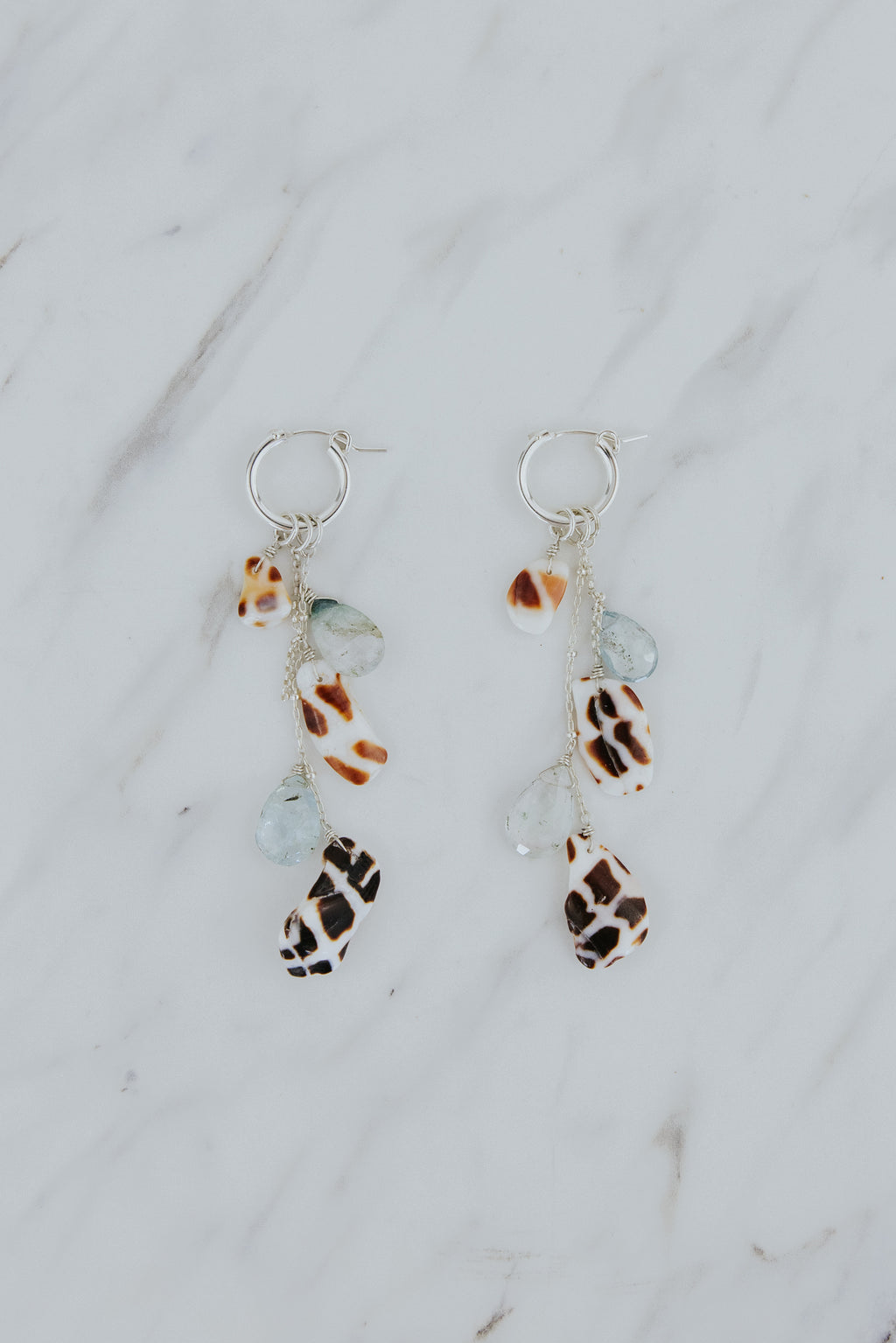 Shell Pile Charm Hoops | Hebrew Cone Shell + Aquamarine