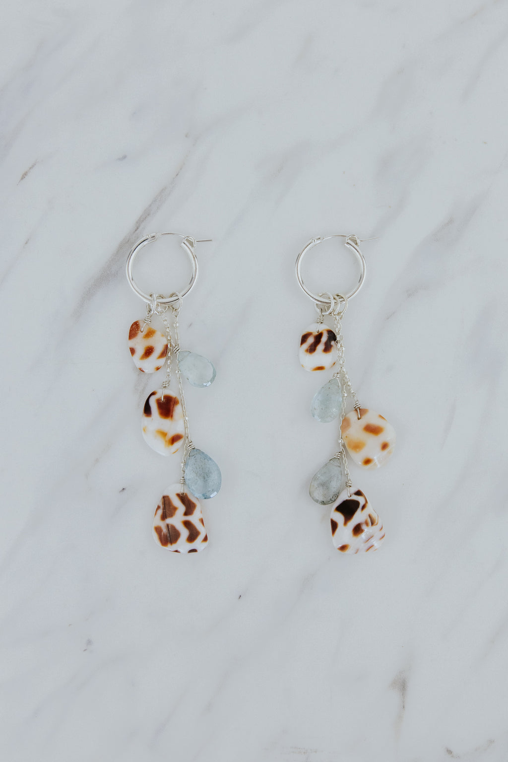 Shell Pile Charm Hoops | Hebrew Cone Shell + Aquamarine