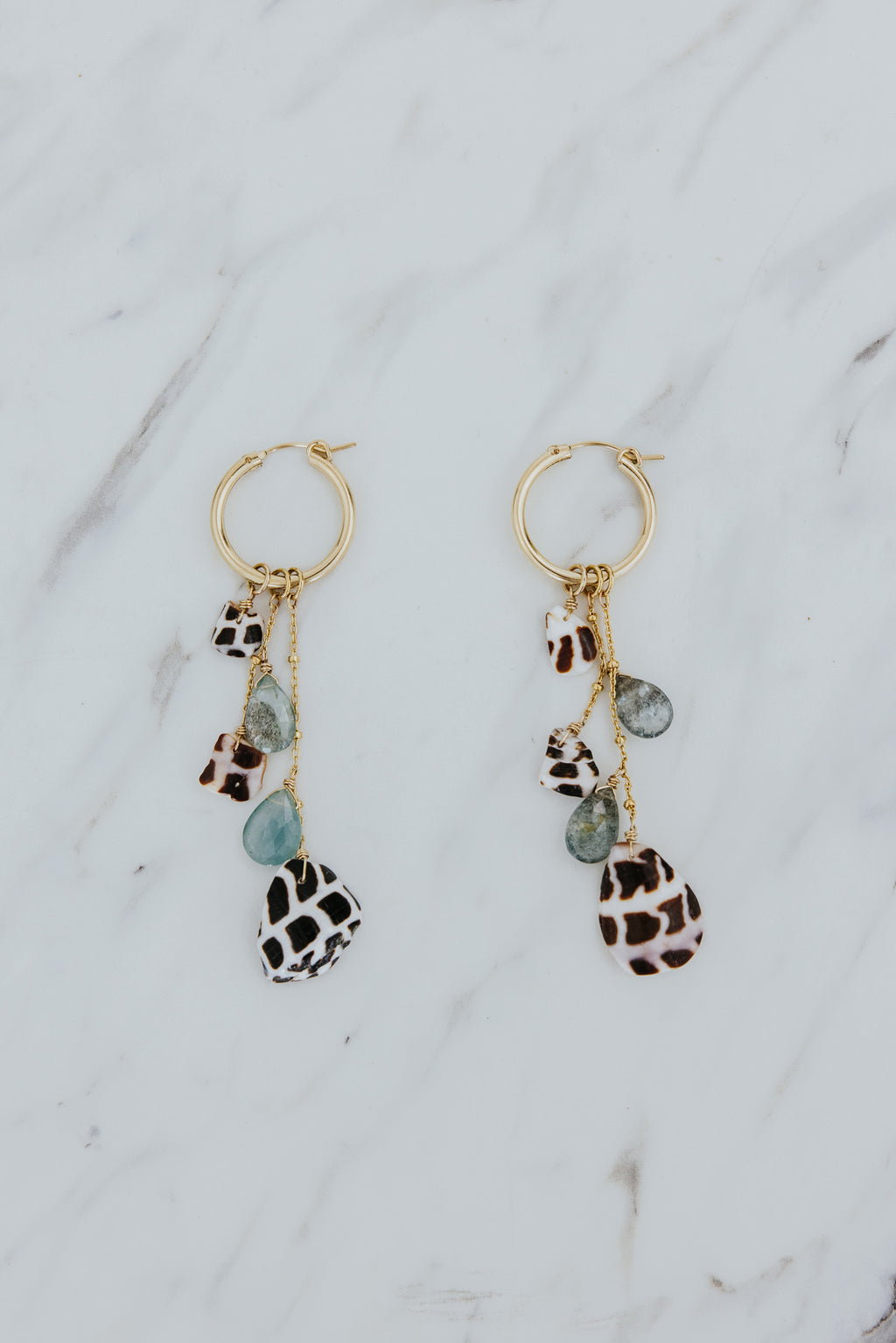 Shell Pile Charm Hoops | Hebrew Cone + Aquamarine