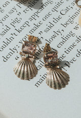 Wings Hawaii Siren Solstice Earrings with Red Schiller Sunstones and Sunrise Shells in solid 14k gold. Hinged for unique movement. Fine jewelry expertly handcrafted in Maui.  thumbnail