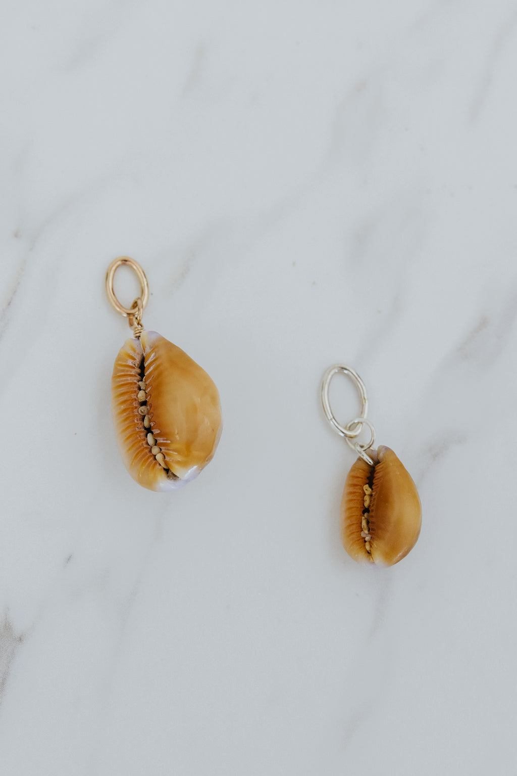 Wings Hawaii Honey Cowrie Shell necklace charms in 14k gold-filled or sterling silver. Fine shell jewelry handcrafted in Maui. Modern beachy charm necklaces handmade with authentic Hawaiian sea shells. 