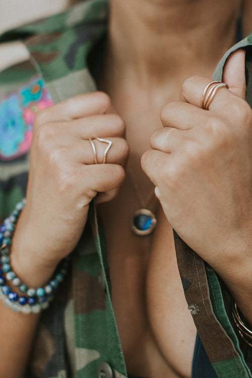 Wings Hawaii Boomerang Ring in 14k gold-filled. Chevron shaped ring with organic hammered texture. Fine jewelry handmade in Maui. 