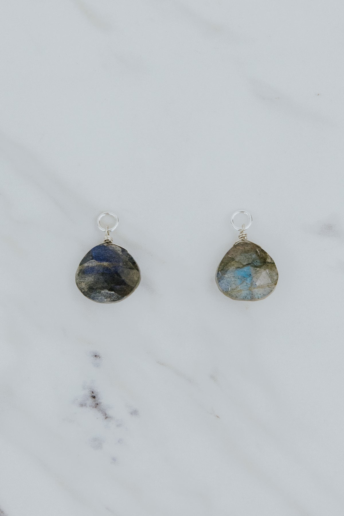 Wings Hawaii labradorite gemstone earring charms in sterling silver. Fine jewelry handmade in Maui. Charm Bar mix match create your own luxury charm hoop earrings. 