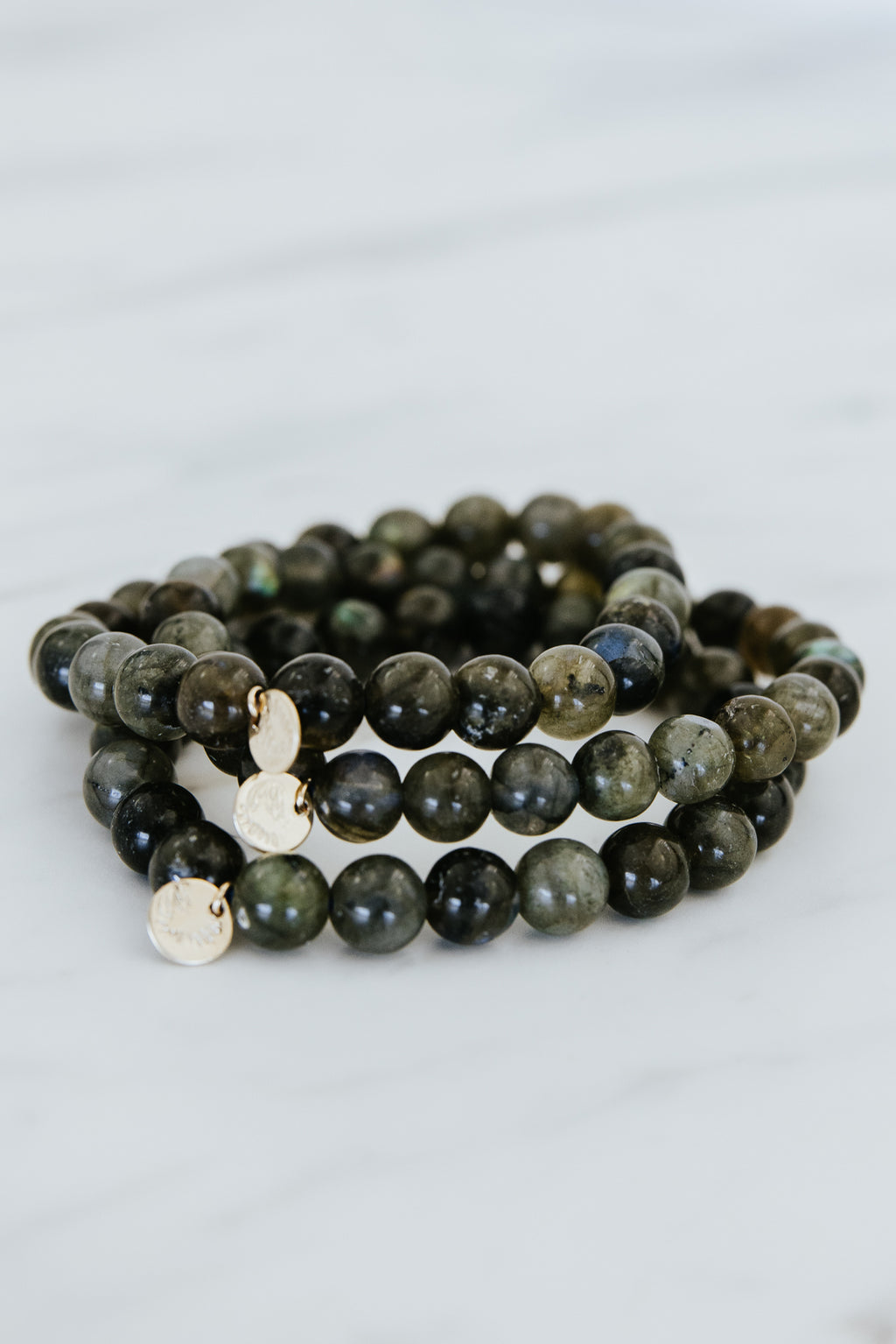 Wings Hawaii Labradorite stretchy bracelet with 14k gold-filled tag. Boho-chic jewelry hand made in Maui. 