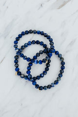 Wings Hawaii Lapis Lazuli stretchy beaded bracelet with 14k gold-filled tag. Crystal chakra healing. Boho-chic spiritual jewelry hand made in Maui. thumbnail