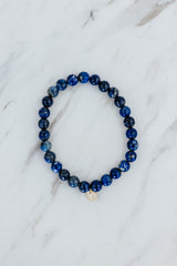 Wings Hawaii Lapis Lazuli stretchy beaded bracelet with 14k gold-filled tag. Crystal chakra healing. Boho-chic spiritual jewelry hand made in Maui. thumbnail