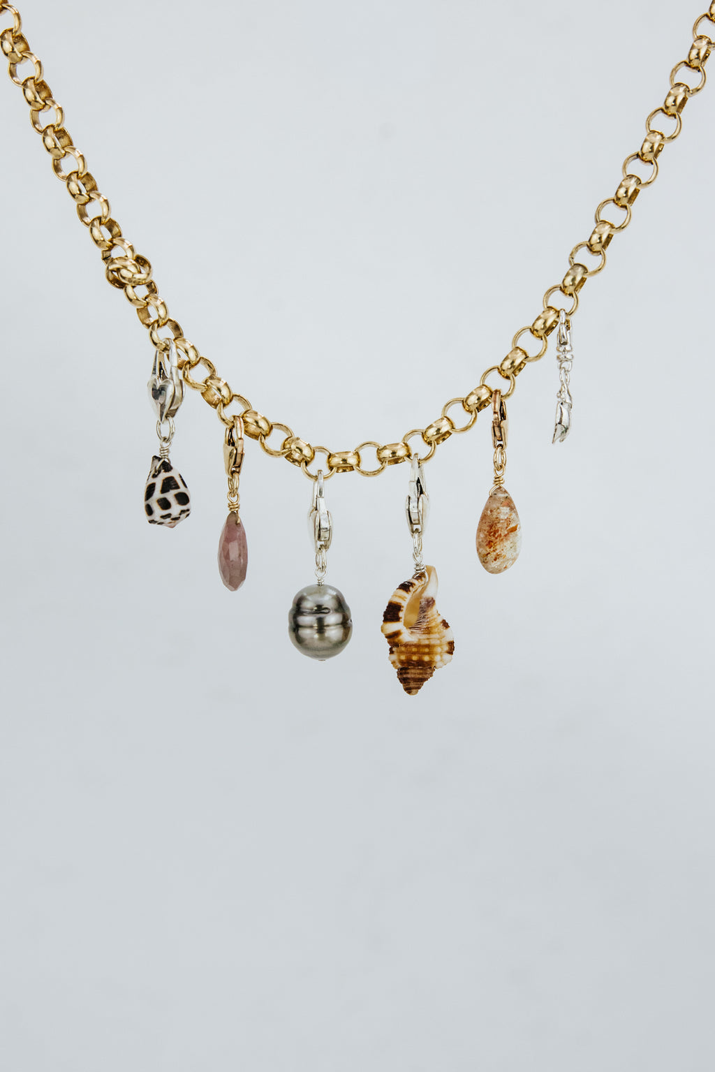 Wings Hawaii Luxe Link chain necklace in 14k gold-filled. Shown with clasp-on charms sold separately. 6mm rolo link chain in 14" or 17" lengths. Fine jewelry handmade in Maui. Add clasp-on charms to customize. 