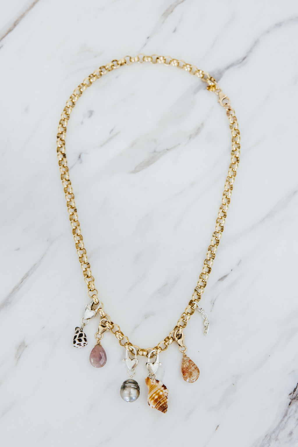 Wings Hawaii Luxe Link chain necklace in 14k gold-filled. Shown with clasp-on charms sold separately. 6mm rolo link chain in 14" or 17" lengths. Fine jewelry handmade in Maui. Add clasp-on charms to customize. 