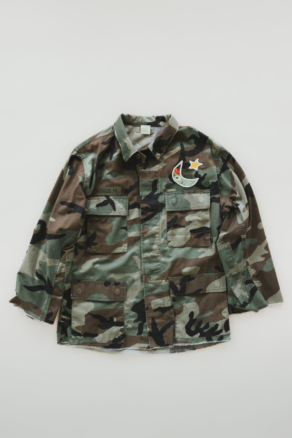 Wings Hawaii La Sirena mermaid army jacket. Handcrafted in Maui. Upcycled and hand-sewn with vintage aloha fabric. Small batch, sustainable fashion handmade in Hawaii.