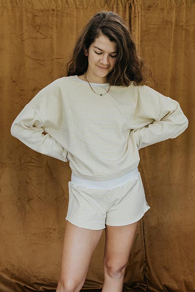 wings hawaii boxy long sleeve top in marigold stripe with matching pau hana shorts