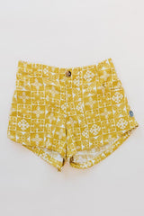 Wings Hawaii retro pocket shorts in quilted ulu and plumeria print in marigold - front thumbnail