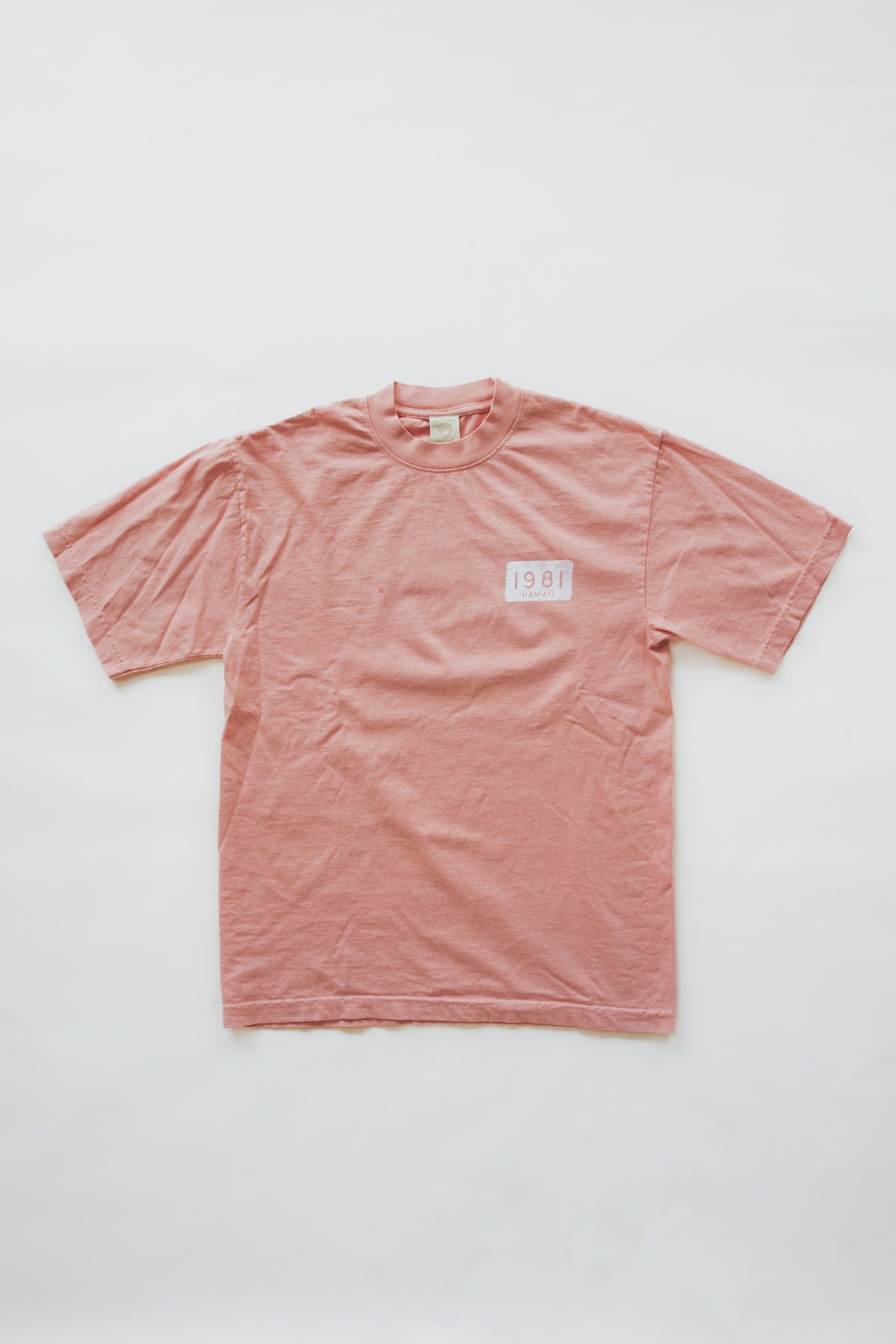 Wings Hawaii men's t-shirt in coral pink. 1981 design on front, Maui No Ka Oi print on back. Original artwork designed in Maui. Men's small batch, sustainable apparel from Hawaii. Cool, unique Maui souvenir for guys. 