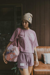 Model wearing Wings Hawaii Oversized Cropped Tee - 1981 mauve thumbnail